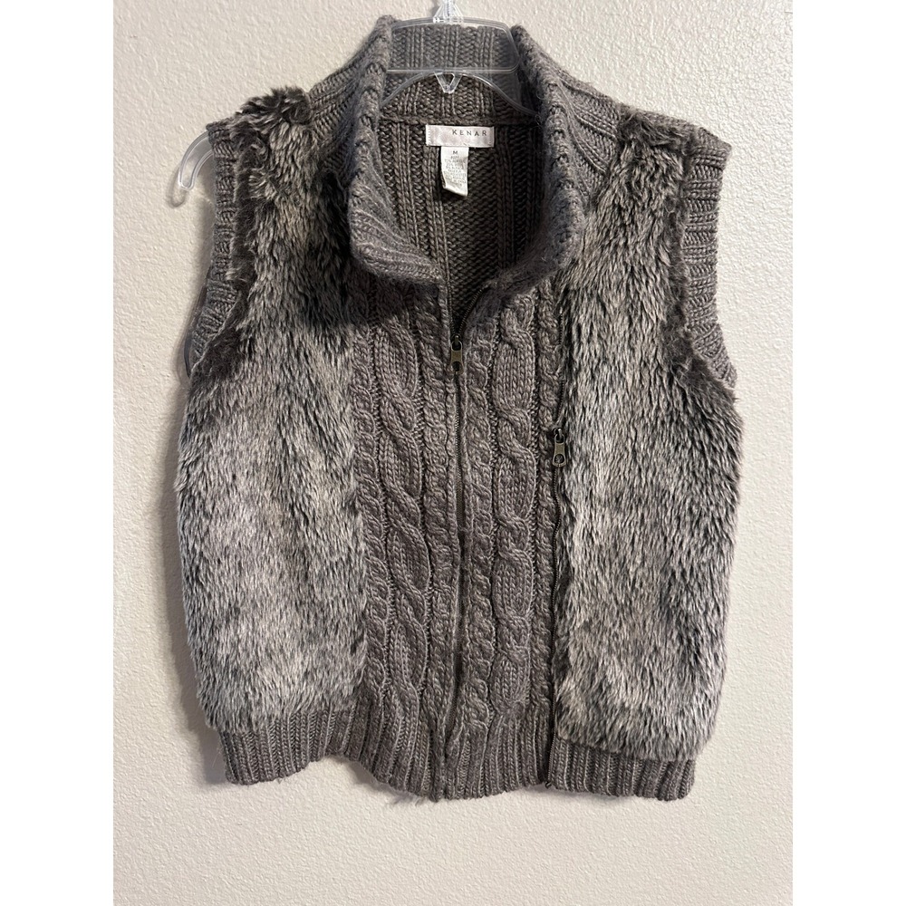 Kenar ALPACA/WOOL BLEND  Fur‎  Cable Knit Sleeveless Sweater Jacket Gray Medium